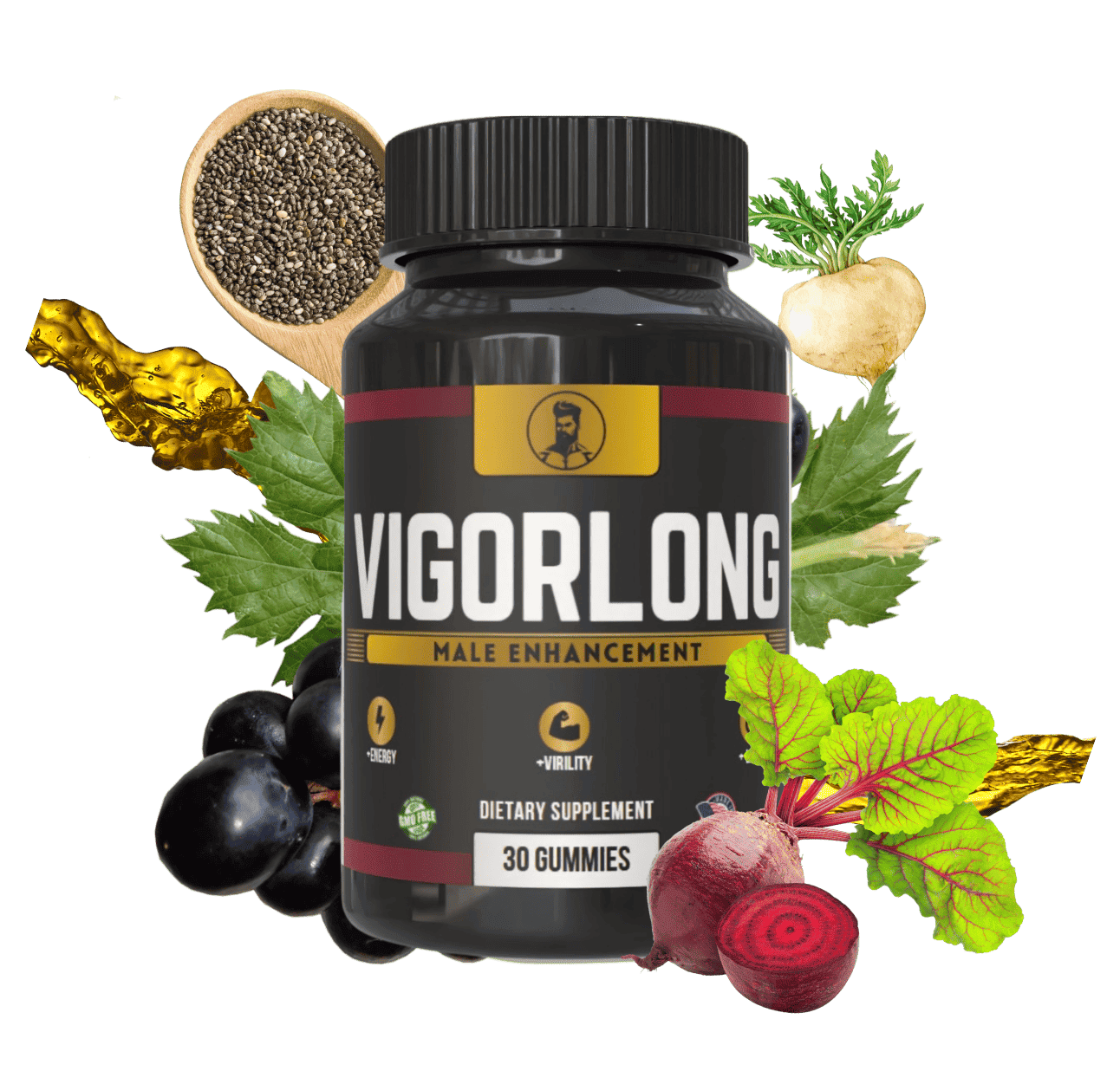 VigorLong gummies surrounded by natural ingredients